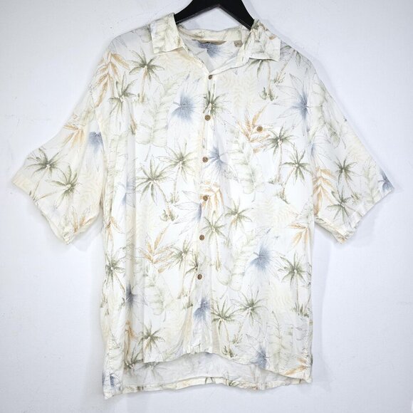 Paradise Collection Oatmeal White Palm Coconut Trees Hawaiian Button Up Shirt - Picture 1 of 6
